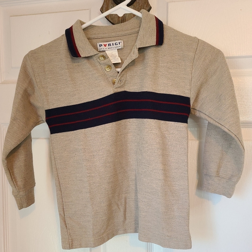 (1564) PARIGI Boy's Long Sleeve Pullover Polo Shirt,  Size: 5/6 Brown w/ Black